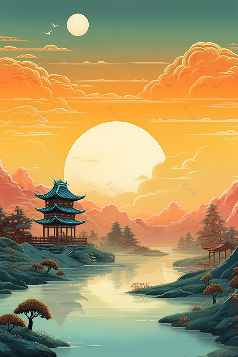 山水风景画国潮风格,插画/手绘图,插画/手绘图库,插画/手绘图下载,插画/手绘